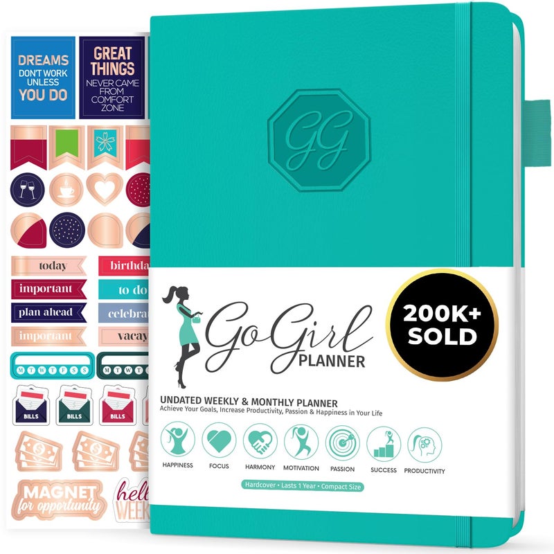 GoGirl Planner and Organizer for Women â€“ Compact Size Weekly Planner, Goals Journal & Agenda to Improve Time Management, Productivity & Live Happier. Undated â€“ Start Anytime, Lasts 1 Year â€“ Turquoise - Image 1